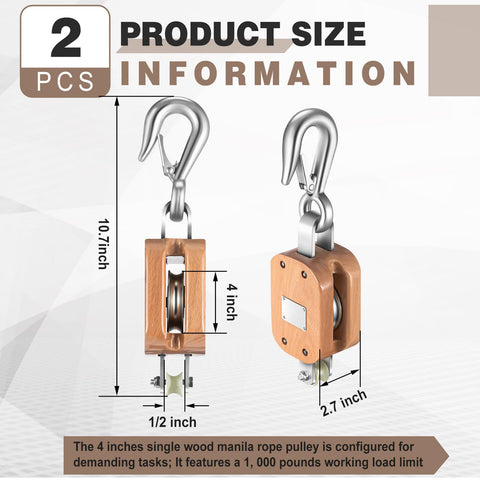 Two Pack Four Inch Wood Manila Rope Pulley Block With Hook Single Wheel Cable Pulley Half Inch Rope Two And A Quarter Inch Sheave 1000 Lbs WLL For Light Industrial Construction And Marine Projects, showing product size details