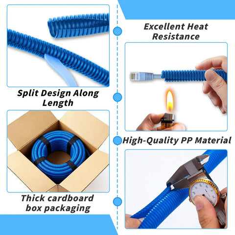 Blue Split Wire Loom Tubing Half Inch 250 Ft Auto Marine Wire Protector Conduit Kit with install tool and cable ties, flexible covers