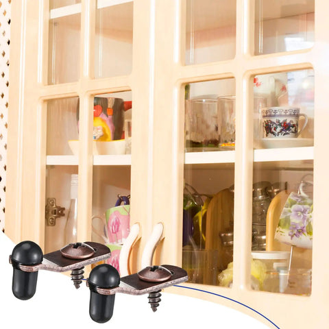 Rock Solid Antique Bronze Glass Retainer Clips Bundle Arrives Fully Loaded With All Needed Screws And Snug Silicone Sleeves For Zero Hassle Cabinet Door Setup And Dependable Everyday Performance on cabinet doors displaying glassware.
