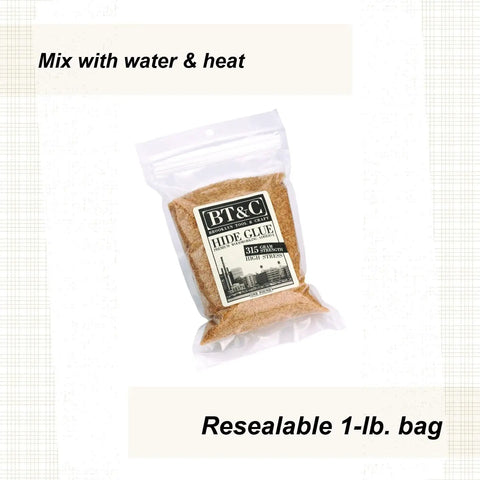 Legit One Pound Bag Of 100 Percent Natural Hide Glue Dry Granules For Lutherie And Woodworking With 315 Gram Strength in resealable bag.