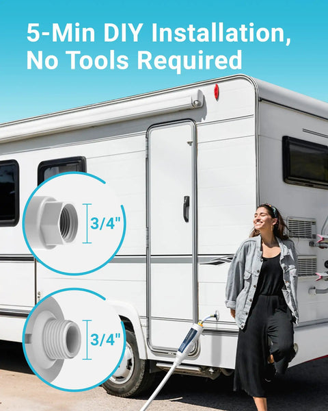 Installation of Inline RV Hose Water Filter For Campers And Garden Use, NSF Certified, showing hose connection on RV and woman standing.