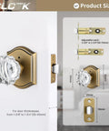 Interior Glass Door Knobs With Privacy Lock, Old School Vintage Crystal Hardware In Antique Brass Finish For Bedroom And Bathroom, Push Button Inside Lock, Keyless Outside Access, 1 Pack shown installed on a white door with measurements and latch details.