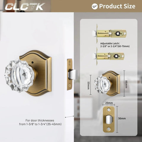 Interior Glass Door Knobs With Privacy Lock, Old School Vintage Crystal Hardware In Antique Brass Finish For Bedroom And Bathroom, Push Button Inside Lock, Keyless Outside Access, 1 Pack shown installed on a white door with measurements and latch details.