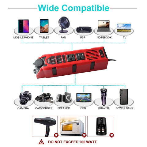 Tailgate Tough 200W Car Power Inverter Converts 12V Dc To 110V Ac No Hassle With Dual Us Sockets showing multiple devices it powers.