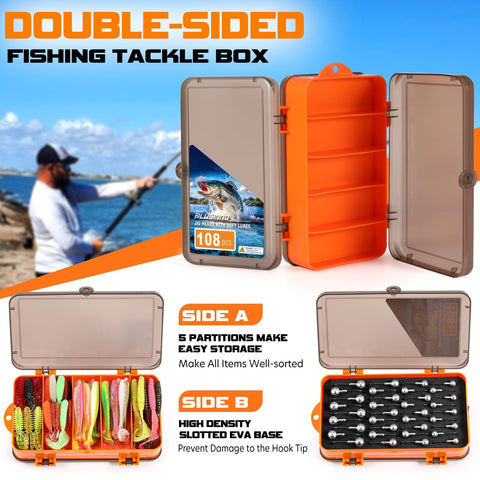108 Piece Tackle Box Fishing Lures Set With Paddle Tail Swimbaits Soft Worms Floating Shrimp Lures And Round Jig Heads For Freshwater Crappie Bass Trout All In One Tackle Kit For Men, featuring dual-sided tackle box with compartments visible.