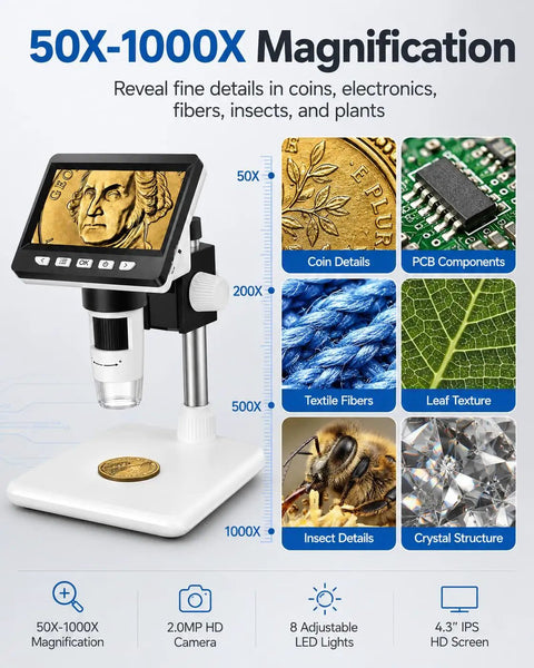 Coin Microscope 1000X With 4 3 Inch LCD Screen For Error Coins And Mint Marks For Coin Nerds 1080P USB Microscope With 8 Adjustable LEDs showing 50X-1000X display