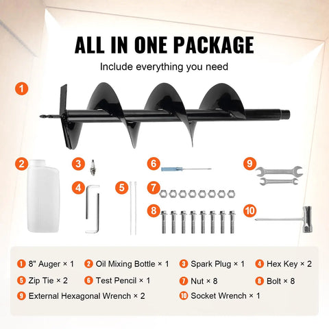 Gas Powered Post Hole Digger With 43cc Engine And 8 Inch Auger Bit package contents including tools and accessories