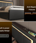 Slick Upholstered Queen Bed Frame With Four Heavy Duty Storage Drawers Adjustable Faux Leather Headboard featuring USB ports.