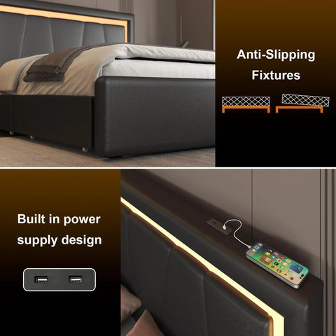 Slick Upholstered Queen Bed Frame With Four Heavy Duty Storage Drawers Adjustable Faux Leather Headboard featuring USB ports.