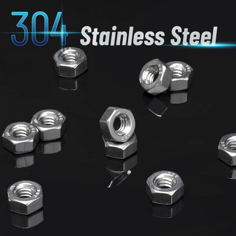 304 stainless steel hex nuts scattered on a surface, part of a 100 Pack Stainless Steel 1/4-20 Hex Nuts For SAE Fasteners