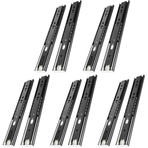 Top Shelf Soft Close Drawer Slides, 5 Pair Full Extension Ball Bearing Tracks, 16 Inch Side Mount Rails For Kitchens And Dressers, Built Tough Smooth Gliding Hardware In Black displayed from the front.