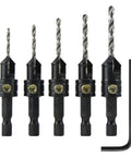 Gold Screw Countersink Drill Bit Set, 5 Piece Including 5/64 Inch, 3/32 Inch, 7/64 Inch, 1/8 Inch, and 9/64 Inch Sizes, With One 1/8 Inch Hex Key