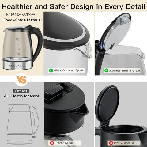 Electric Glass Kettle With Auto Shut Off 1.8L Borosilicate Glass Body Stainless Steel Inner Lid And Base No Plastic Touching Boiling Water