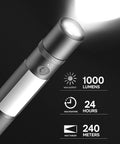 Rechargeable Magnetic LED Flashlight 1000 Lumens with settings for output, runtime, and beam distance visible.