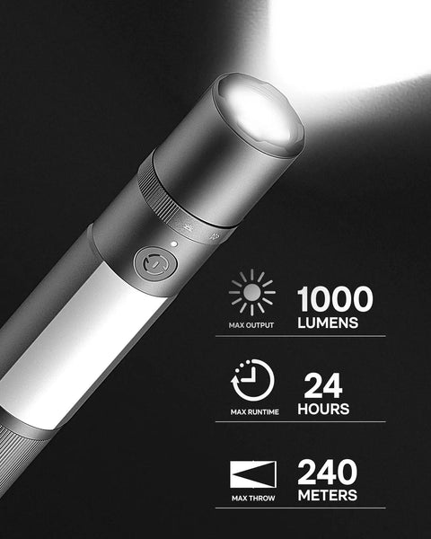 Rechargeable Magnetic LED Flashlight 1000 Lumens with settings for output, runtime, and beam distance visible.