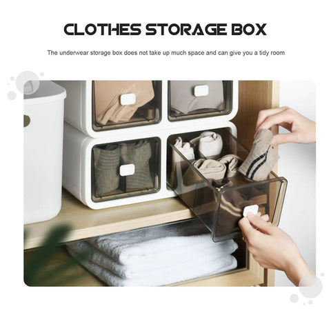 Kick It Organized With Top Tier Stackable Underwear Drawer Box featuring heavy-duty PP plastic closet dividers, holding rolled socks.