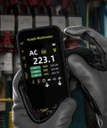 Pro Grade 20000 Counts Digital Multimeter with Data Recorder held by gloved hands, showing AC voltage on LCD screen.