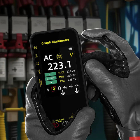 Pro Grade 20000 Counts Digital Multimeter with Data Recorder held by gloved hands, showing AC voltage on LCD screen.