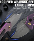 Close-up of Wasp Pocket Folding Knife with 2.36 Inch Modified Wharncliffe Blade, Purple Anodized Titanium Handle, jimping visible