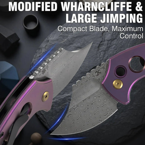 Close-up of Wasp Pocket Folding Knife with 2.36 Inch Modified Wharncliffe Blade, Purple Anodized Titanium Handle, jimping visible