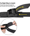 Adjustable Cam Buckle Tie Down Straps 1.5 Inch By 8 Feet Heavy Duty Nylon Lashing Straps showing installation method for secure use.