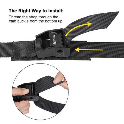 Adjustable Cam Buckle Tie Down Straps 1.5 Inch By 8 Feet Heavy Duty Nylon Lashing Straps showing installation method for secure use.