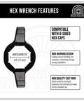 Hex wrench features labeled for 8-Sided Hex Knock Off Wheel Wrench for wire wheels and lowriders, inner diameter 2.8 inches.
