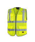 Mens High Visibility Safety Vest With Reflective Neon Mesh Zipper Features Nine Utility Pockets For Construction And Traffic Control Meets Ansi Class 2 Standards Breathable Mesh Hustle Ready Grind Proof Coverage 2X Large, front view, bright yellow with pockets.