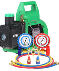 4.5 CFM Vacuum Pump With Brass Manifold Gauge Set, 4ft Three Color Hoses And 2 Quick Couplers, For R134A R12 R22 R502 Refrigerants