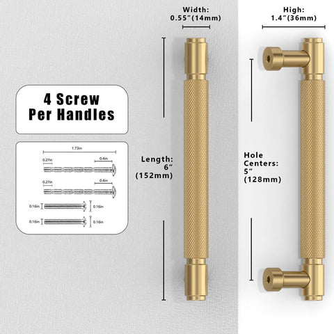 10 Pack Champagne Bronze Knurled Cabinet Pulls, 5 Inch 128mm, side view with dimensions and screw information.