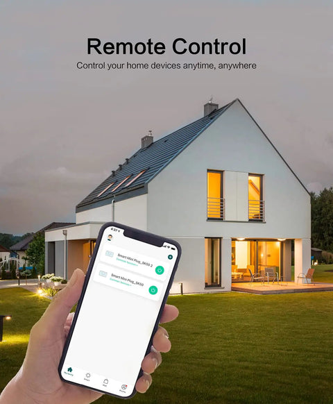 Hand holding smartphone showing control for 4 Pack WiFi Smart Plugs That Play Nice With Alexa And Google Home Heavy Duty 7 Day Programmable Timer