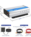 1600 Watt Power Inverter Modified Wave Workhorse DC 12 Volt To AC 120 Volt with dimensions and remote control features.