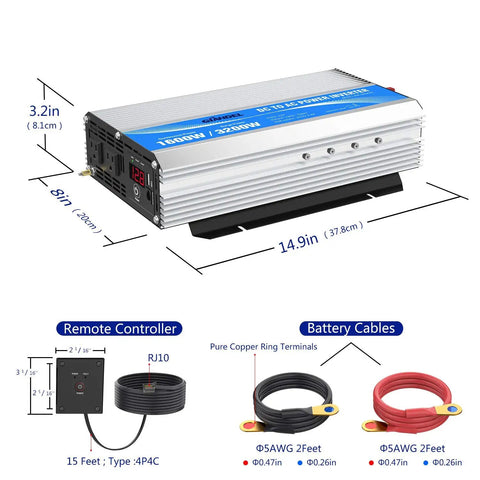 1600 Watt Power Inverter Modified Wave Workhorse DC 12 Volt To AC 120 Volt with dimensions and remote control features.