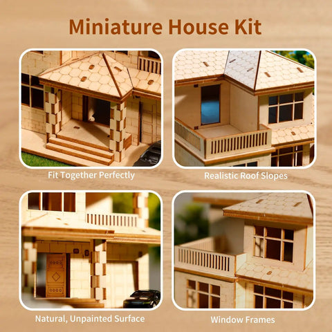 Detailed close-ups of the 3D Wooden Villa Puzzle Model Kit For Adults, DIY Home Office Decor, showcasing realistic features.