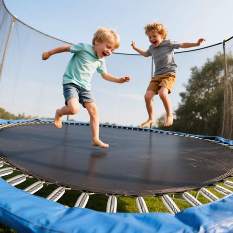 Kids jumping on trampoline using Heavy Duty Trampoline Spring Replacement Kit With 72 Piece Set Galvanized Steel Springs And T Hook Puller Tool For Easy Replacement