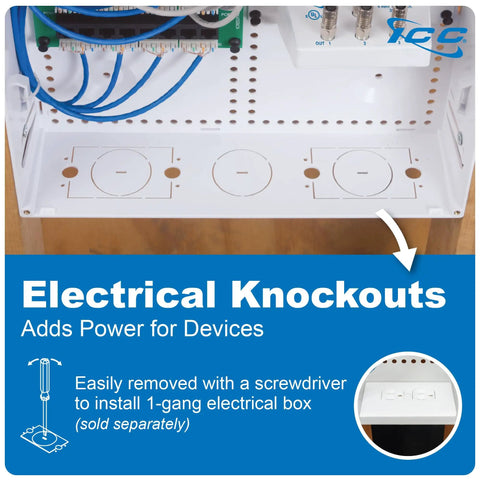 Heavy Duty 14 Inch Abs Plastic Structured Wiring Enclosure With Secure Cable Management Cover showing electrical knockouts for easy device power access.