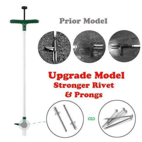 Comparison of Stand Up Weeder And Weed Remover Tool with 39 Inch Handle, highlighting upgraded rivet and prongs for durability.
