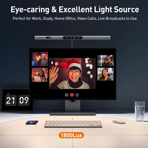 Home Office Desk Lamp With Clamp, Remote And Gesture Sensing, Monitor Light Bar in a workspace setup, video call on screen, eye caring.