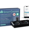 Smart Vent Booster Fan For Home HVAC In Minutes Install Easy And No Fuss packaging and fan with smartphone app shown