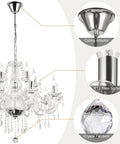 Show Stopping Modern Elegant 10 Lights K9 Crystal Glass Chandelier Pendant Ceiling Lighting For Dining Room Living Room And Bedroom European Style Transparent Fixture Requires 10 E12 Bulbs Not Included with ceiling adaptor and crystal pendant detail.