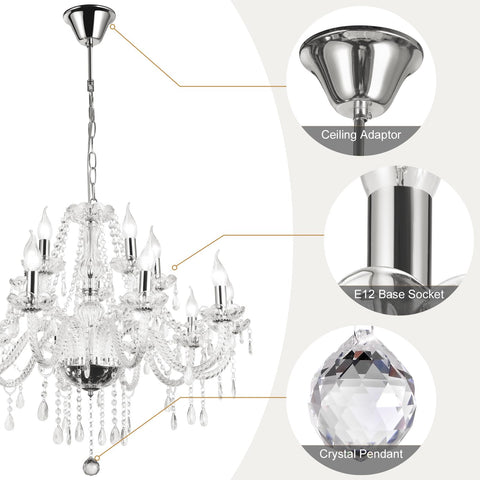 Show Stopping Modern Elegant 10 Lights K9 Crystal Glass Chandelier Pendant Ceiling Lighting For Dining Room Living Room And Bedroom European Style Transparent Fixture Requires 10 E12 Bulbs Not Included with ceiling adaptor and crystal pendant detail.
