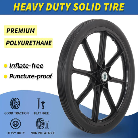Flat Free Twenty Inch Tire And Wheel Set With Centered Hub Two And Half Inch For Wheelbarrow And Garden Cart Replacement Two Pack Puncture Proof Polyurethane Solid Wheel Bearing Three Quarter And Five Eighth Inch For Rubbermaid Style.