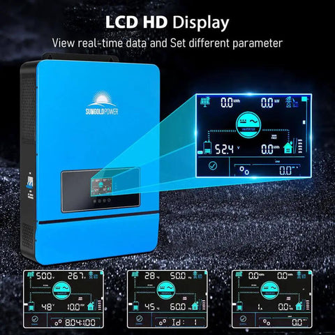 Kickass 48V Hybrid Solar Inverter 10000W Pure Sine Wave with LCD HD display for real-time data and settings.