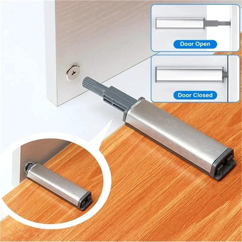 10 Pcs Magnetic Push Latches for Cabinets and Wardrobes Easy Install shown in open and closed positions on wooden door