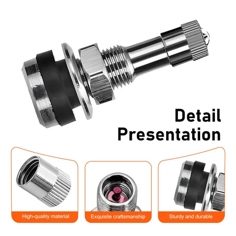Beefy Brass Tire Valve Stem 1.5 Inch With Rubber Gasket shown in detailed presentation, fits 0.453 and 0.625 inch rim holes.