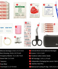 Grab And Go First Aid Kit Ultra Portable Compact Waterproof Emergency Supplies For Home Car Travel Camping Truck Hiking Sports Office And Outdoor Use In Black showing contents including bandages, scissors, and waterproof case.