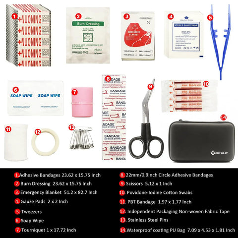 Grab And Go First Aid Kit Ultra Portable Compact Waterproof Emergency Supplies For Home Car Travel Camping Truck Hiking Sports Office And Outdoor Use In Black showing contents including bandages, scissors, and waterproof case.