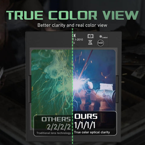 Comparison of lens clarity for Large Viewing Hemispherical Welding Helmet With True Color Auto Darkening Four Arc Sensors.