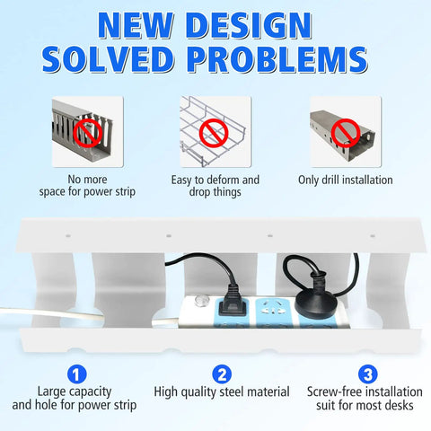 Infographic showcasing Under Desk Cable Management Tray with No Drill Install Steel Wire Organizer Rack features and benefits.