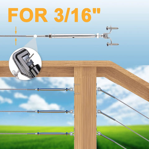 12 Pairs Marine Grade T316 Stainless Steel Cable Railing Kit For Three Sixteenths Inch Wire Rope with toggle turnbuckles on deck